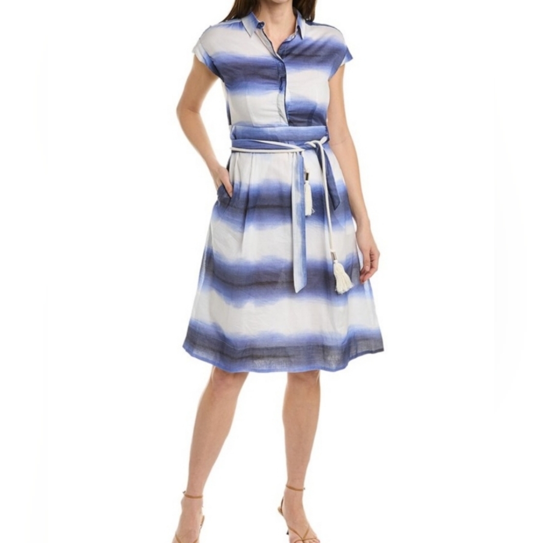 Nwt Marella Sosia Midi Dress, Blue & White Striped Ombre, Collared, 100% Cotton.